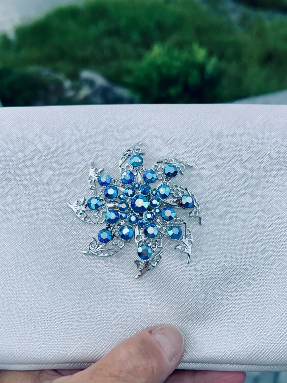 Stunning Silver Floral Brooch with Blue Crystal Accents - Women Jewelry
